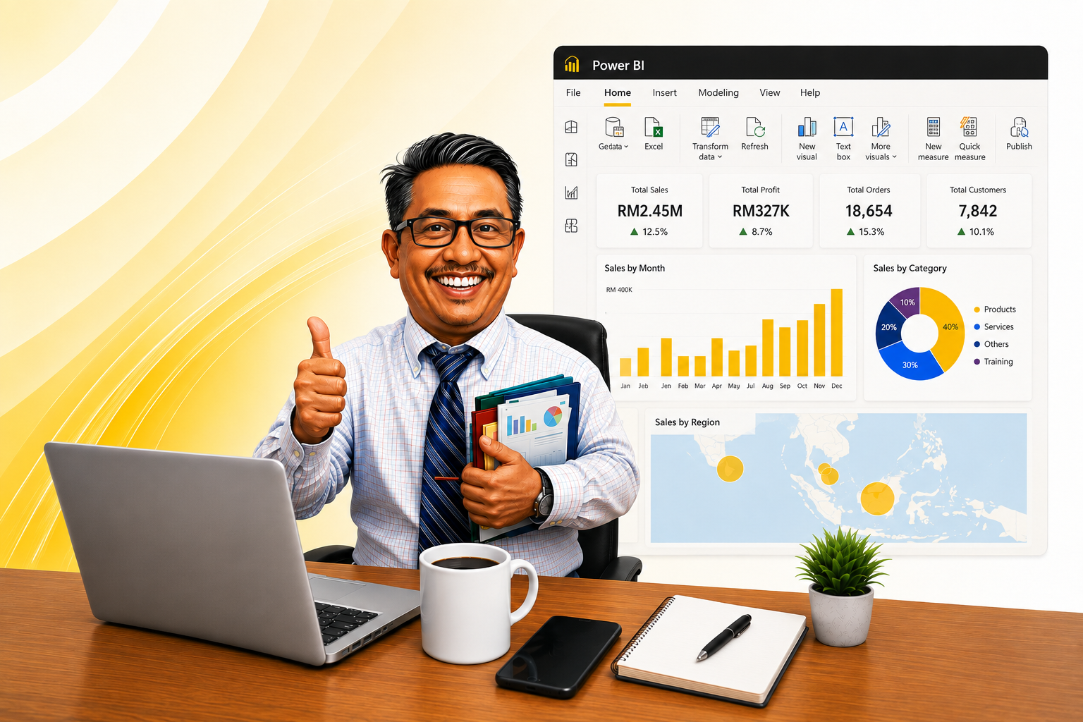 Power BI dashboard with charts and KPI cards shown on a desktop monitor and laptop